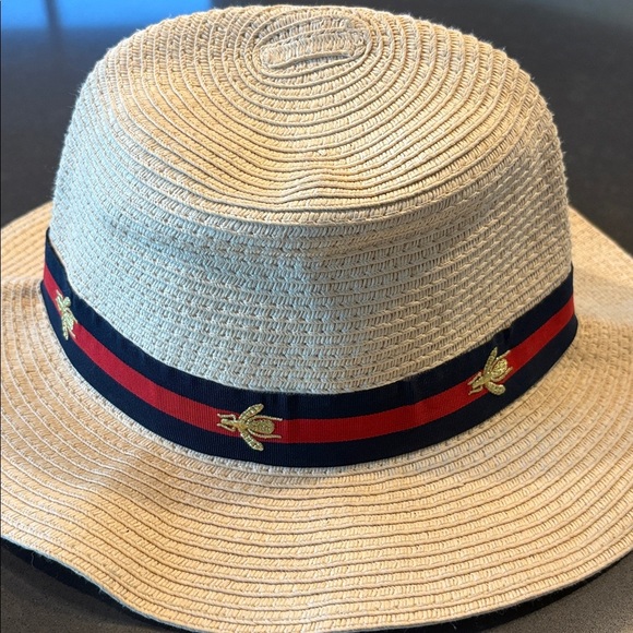 Authentic Gucci Bee-Embellished Woven Panama Hat with striped ribbon band UNISEX - Picture 3 of 7